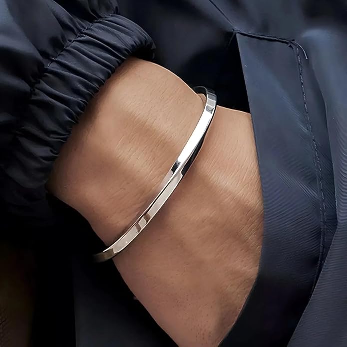 Kim Carrey S925 Sterling Silver Bracelet, Open Bangle Cuff Design, Men's Stacked Bracelets Gift Jewelry for My Man
