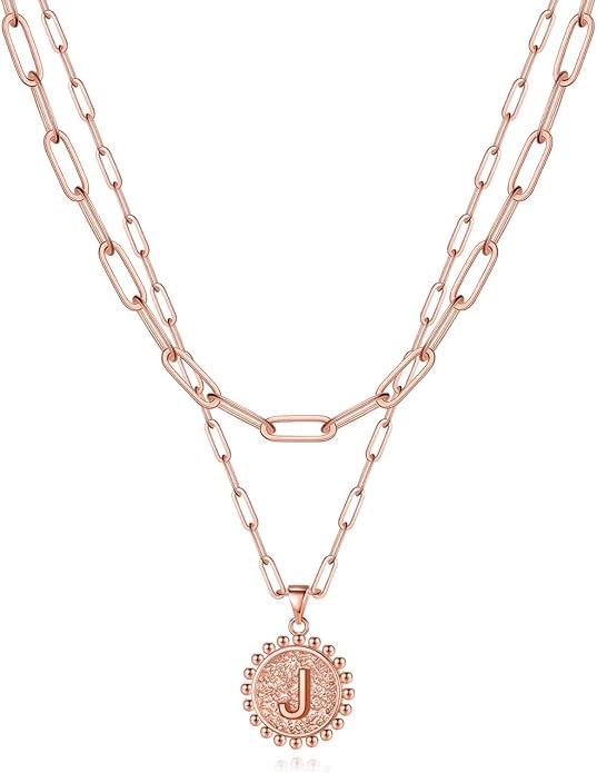 Yoosteel Gold Initial Necklaces for Women, 14K Gold Plated Dainty Layering Paperclip Link Chain Necklace Coin Initial Layered Necklaces for Women Personalized Birthday Gifts