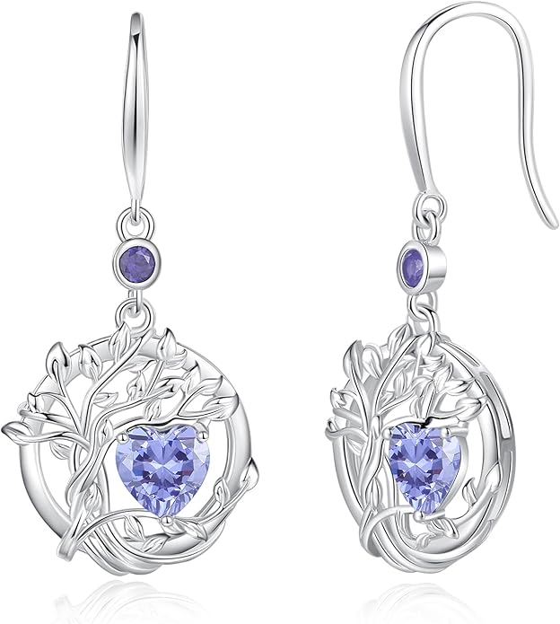 FANCIME Tree of Life Dangle Drop Earrings 925 Sterling Silver Dainty Round Gemstone Birthstone Earring Fine Jewelry Birthday Christmas Gifts for Her Women