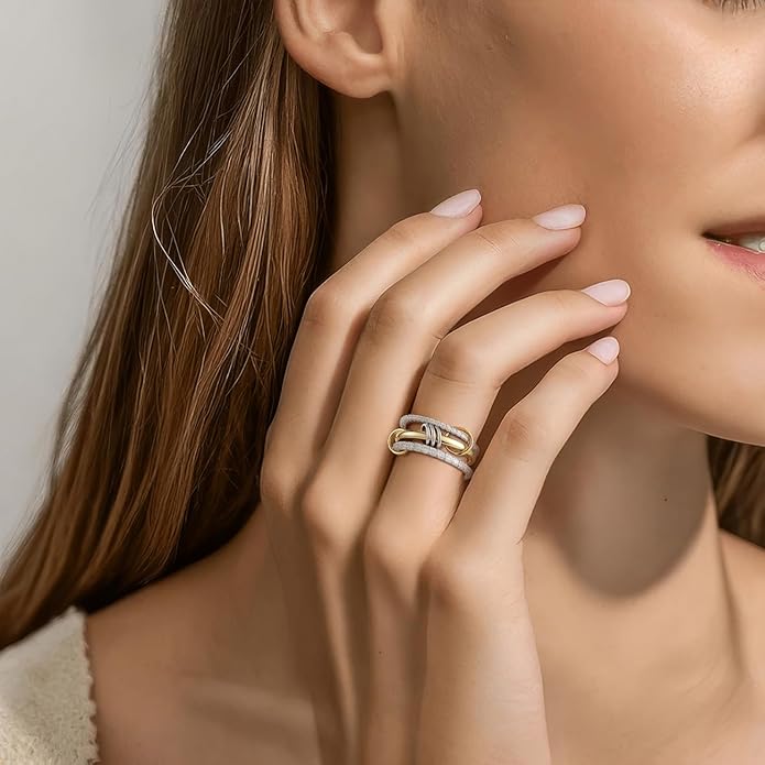 Emibele 14K Gold Plated Stackable Rings for Women, Interlocking Non Tarnish Gold Rings, Silver Dainty Cubic Zirconia Bands, Two-Toned Mixed Metal Stacking Band, Trendy Jewelry Gifts for Women