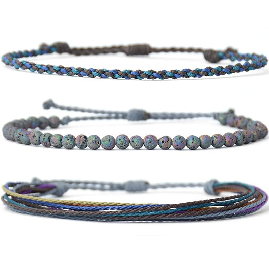 Handmade Natural Stone Beaded Healing Bracelet Gift for Men Adjustable Rope String Bracelet (Colorful Lava)