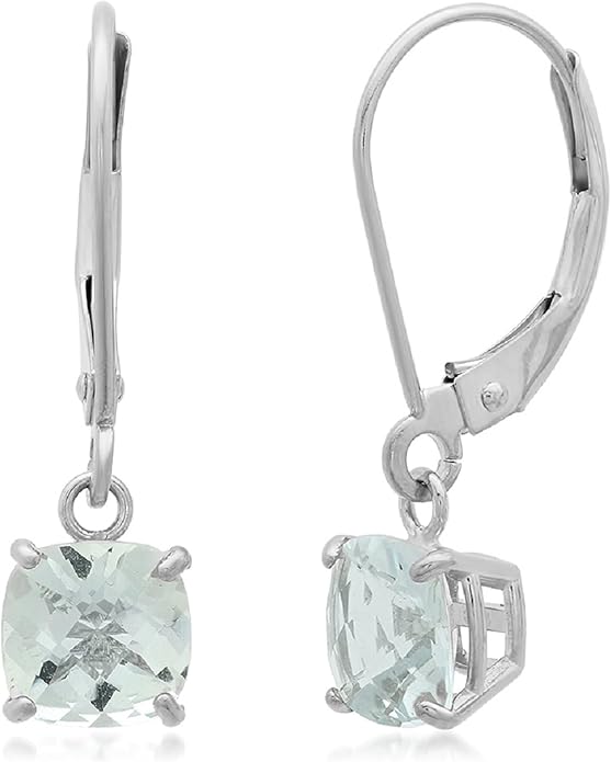 Solid 10K Gold Cushion Cut Dangle Gemstone Earrings for Women | 6mm Gemstone Birthstone Earrings | Checkerboard 10 Karat Gold Dangle Drop Leverback Earring for Women by MAX + STONE
