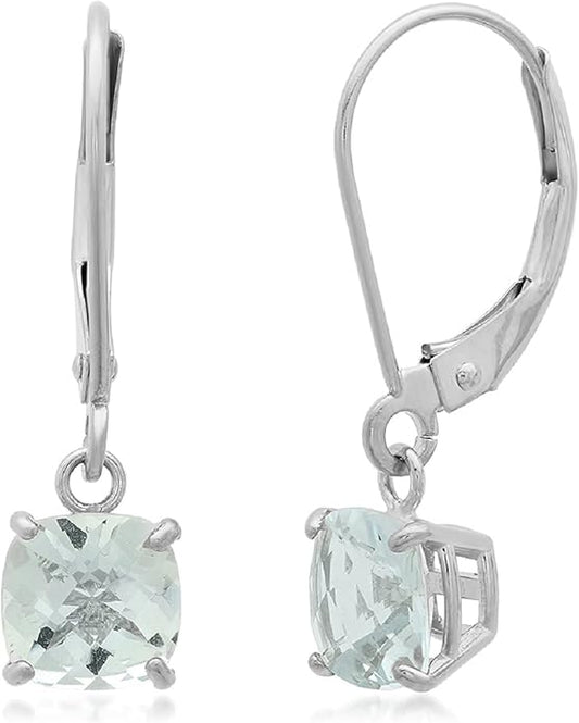 Solid 10K Gold Cushion Cut Dangle Gemstone Earrings for Women | 6mm Gemstone Birthstone Earrings | Checkerboard 10 Karat Gold Dangle Drop Leverback Earring for Women by MAX + STONE