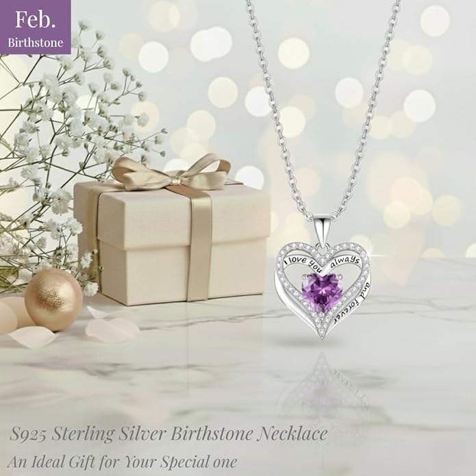 Birthstone Heart Necklace for Women Wife Girlfriend Mom Daughter Gifts S925 Silver Jewelry For Anniversary Rose Gold Gifts For Birthday Christmas Mothers Valentines Day