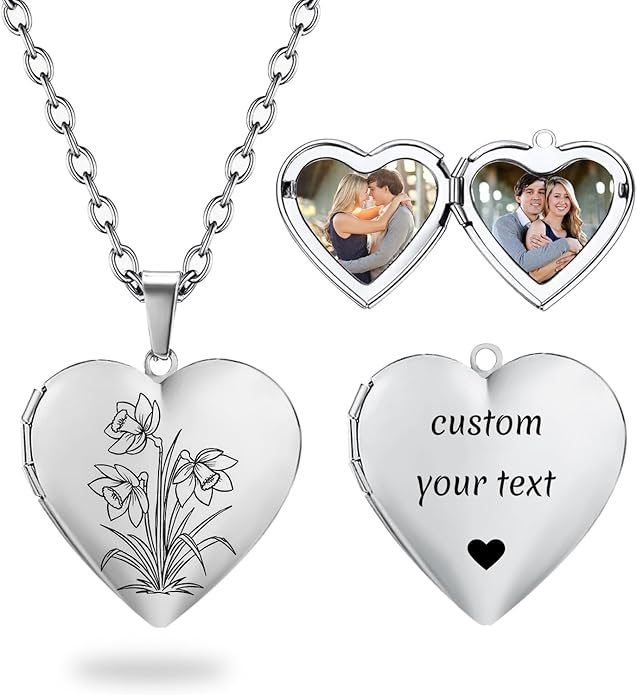 PHOCKSIN Personalized Locket Necklace for Women Photo Necklace with Customized Picture Birth Flower Birthstone New Years Gifts for Women