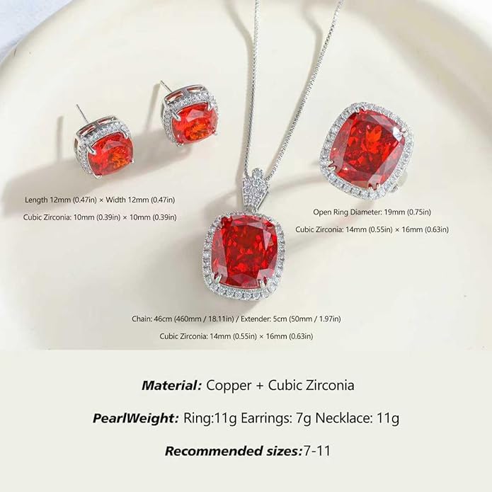 HHOOE Jewelry for Women Sets Gold-Plated Sterling Silver CZ or Faux Gemstone Cushion-cut Necklace & Ring & Stud Earring set for Bridesmaids, Comes With a Gift Box.
