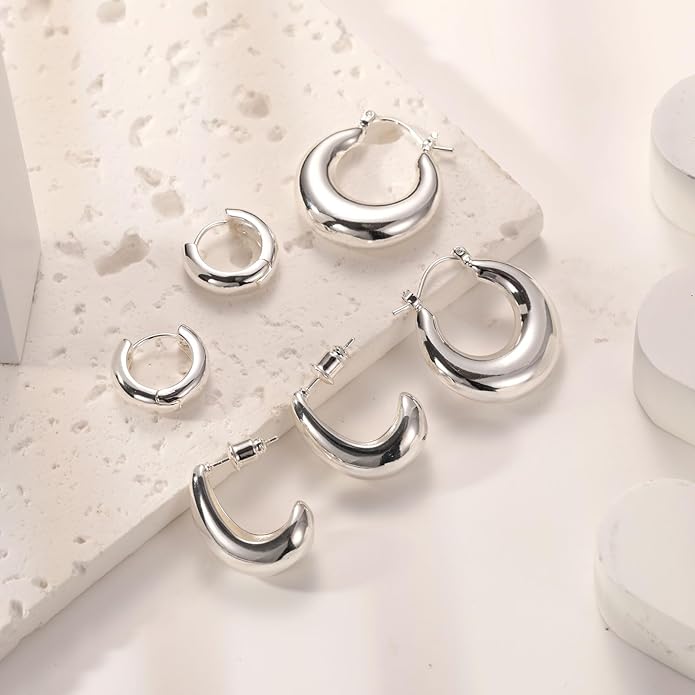 MIDEEO Gold/Sliver Chunky Hoop Earrings Set for Women, 14K Gold Plated Twisted Huggie Hoop Earring Hypoallergenic Thick Open Lightweight Chunky Hoop Earrings Jewelry for Gifts