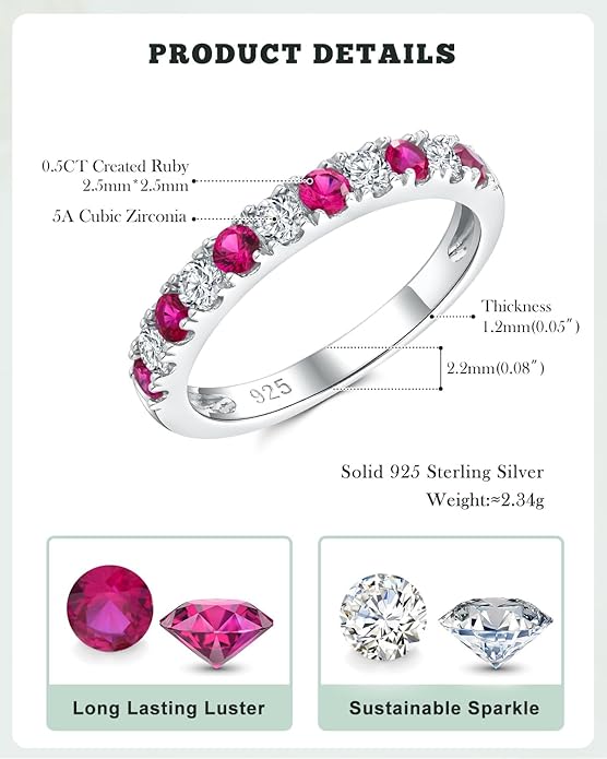 CAIDIKA Created Ruby/Sapphire/Emerald Stackable Rings for Women 14K Gold Plated/ 925 Sterling Silver 2.2mm Wedding Band Ring (with Gift Box)