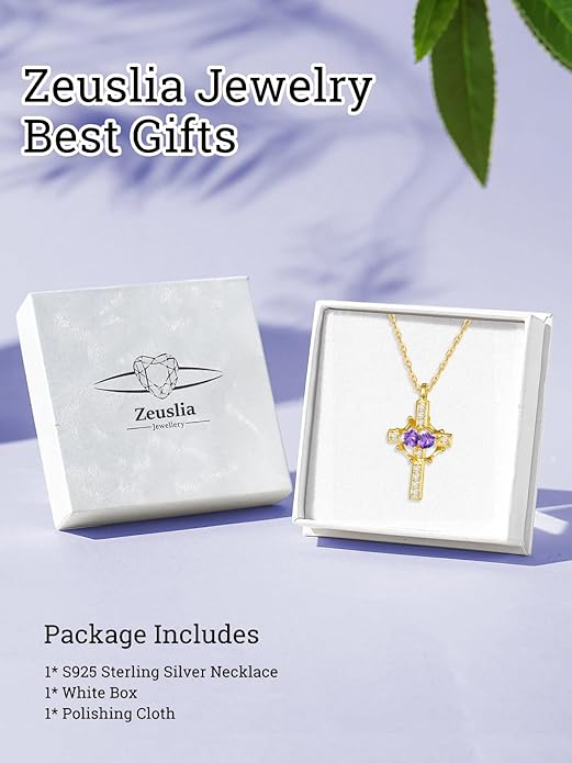 Zeuslia Double Birthstone Necklace Gifts for Wife - 925 Sterling Silver Sunflower/Rose/Crown Cross/Compass/Heart Pendant I Love You Necklace, Anniversary Birthday Gifts for Wife Girlfriend Mom Her