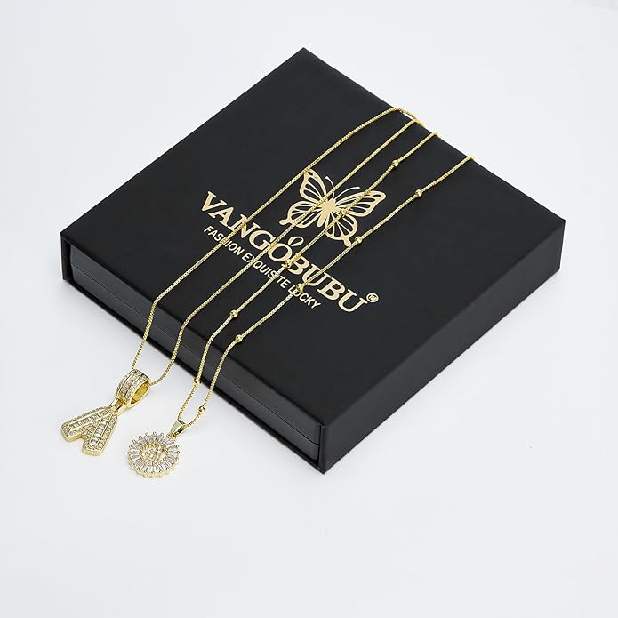 14K Gold Plated Initial Letter Pendant Necklace, Cubic Zirconia Crystal, Copper Chain