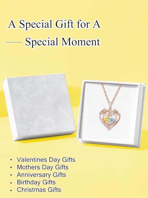 JIYVY32 Rose Heart Necklace for Women Exquisite 925 Sterling Silver Anniversary Birthday Gifts for Wife Mom Her Double Birthstone Pendant Jewelry