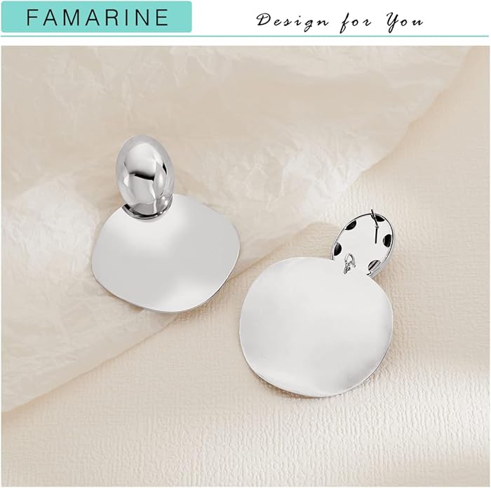FAMARINE Big Disc Drop Earrings Gold Dangle Earrings Round Hammered Earrings Women