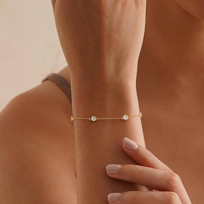 Gold Bracelets for Women,14K Dainty Gold Plated Bracelets Non Tarnish Waterproof Diamond Bracelets Heart Flower Round Square CZ Charm Bracelet Trendy Stuff Jewelry Gifts for Her