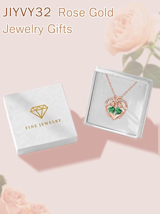 Rose Gold Necklaces for Women Double Birthstone Rose Flower Heart Pendant Necklace Jewelry Anniversary Christmas Valentine's Mother's Day Birthday Gift for Wife Mom Her Girlfriend Sister