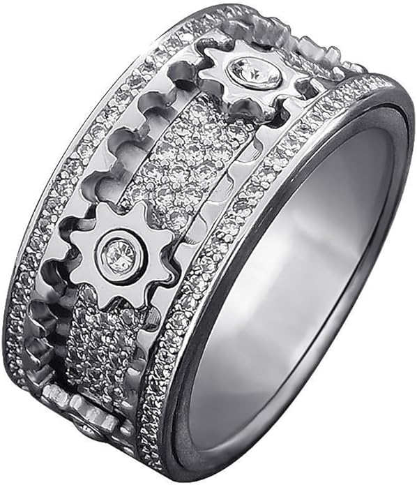 BEIBEINOYA Men's Spinner Ring for Anxiety - 14K Gold Plated Rotating Gear Ring with Moissanite, Kinetic Mechanical Jewelry, Stress Relief Fidget Ring for Men, Unique Gifts for Him
