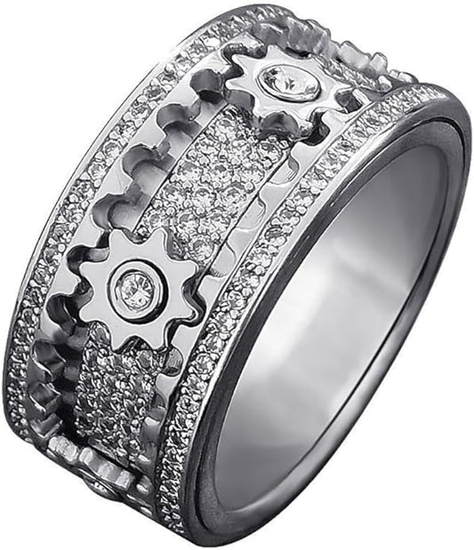 BEIBEINOYA Men's Spinner Ring for Anxiety - 14K Gold Plated Rotating Gear Ring with Moissanite, Kinetic Mechanical Jewelry, Stress Relief Fidget Ring for Men, Unique Gifts for Him