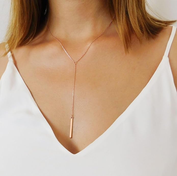 Metzakka Sterling Silver Lariat Necklace, Chic Minimalist Drop Bar Y Chain Necklace for Women