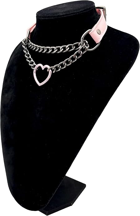 Black Leather Choker Collar For Women, Handmade Heart Slip Chain Choker Long Necklace with Adjustable Buckle