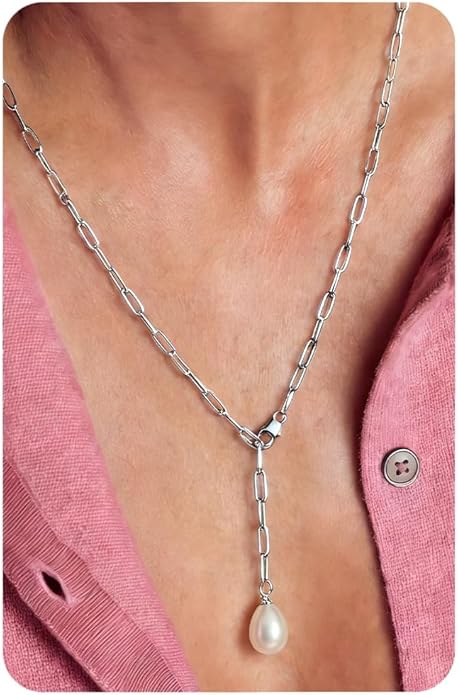UBGICIG Honeycomb Layered Pendant Necklaces for Women Stackable, Dainty Y-Shaped Lariat Paperclip Pearl Heart Necklace, 16K Gold Silver Plated Long Necklaces Women's Trendy Drop Chain Necklace Jewelry