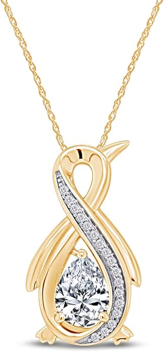 Infinity Penguin Pendant Necklace for Women, 14K Gold Over Sterling Silver with Pear & Round Cut Simulated Birthstone & White Diamond Accents, Dainty Animal Jewelry Gift with 18" Chain