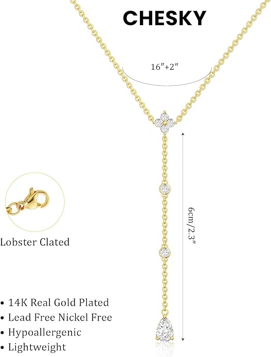 CHESKY Lariat Gold Necklace for Women Trendy, Dainty Long Necklace 14k Gold Plated/Silver Y-Shaped Pendant Necklace Layered Cz Beaded Chain Drop Necklaces Simple Gold Jewelry For Women Gift