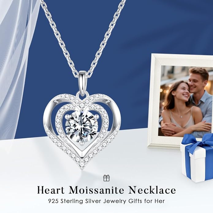 MOOSEA Valentines Day Gifts for Her - 925 Sterling Silver Double Heart Moissanite Pendant Necklace, 1-3 Carat D Color VVS1 Clarity Moissanite, Anniversary Birthday Gift for Women Mom Wife Girlfriend