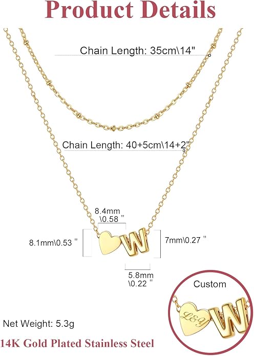 FOCALOOK Layered Initial Necklace for Women, 14K Gold Plated Choker Necklaces Stacks with Initial A-Z, Dainty Silver Heart Pendant Necklace Personalized Birthday Women Jewelry