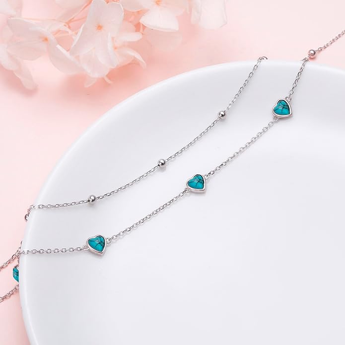 FLYOW Anklet for Women S925 Sterling Silver Adjustable Foot Beaded Heart Charm Ankle Bracelet Anklets Jewelry