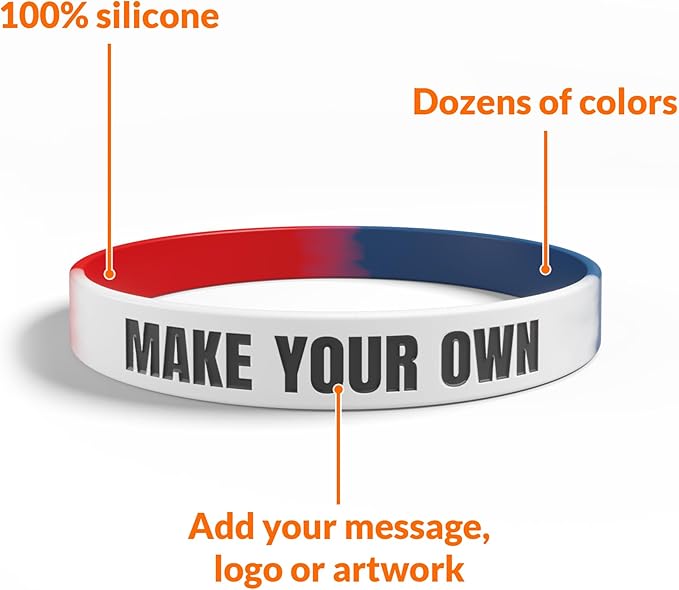 Custom Wristbands For Events, Fundraisers & Promotions | Add Text, Icons, & Logos | Bulk Rubber Bracelets | Classic 1/2” | 100% Silicone