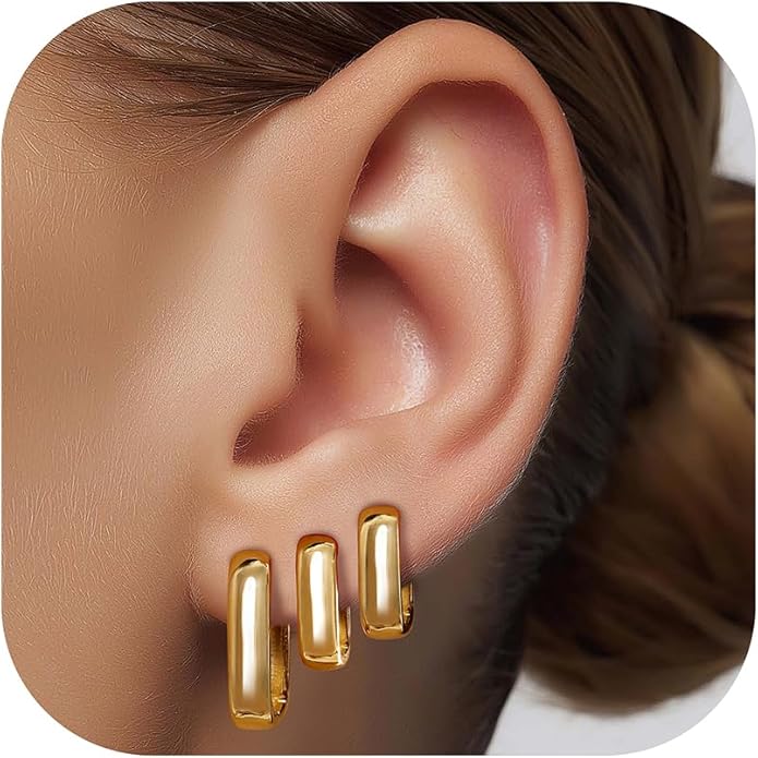 3Pairs Gold Hoop Earrings Set for Women, 14K Gold Plated Hypoallergenic Small Huggie Hoops Earrings for Women Trendy, Chunky Gold Earring Jewelry Gifts