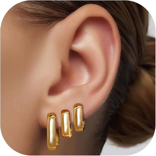 3Pairs Gold Hoop Earrings Set for Women, 14K Gold Plated Hypoallergenic Small Huggie Hoops Earrings for Women Trendy, Chunky Gold Earring Jewelry Gifts