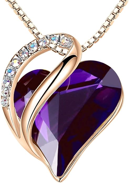 Leafael Rose Gold Plated Necklace for Women: Heart Shaped Birthstone/Healing Crystals Center, Dazzling Cubic Zirconia, Hypoallergenic Chain (18"+2"), Jewelry Gifts for Anniversaries and Birthdays