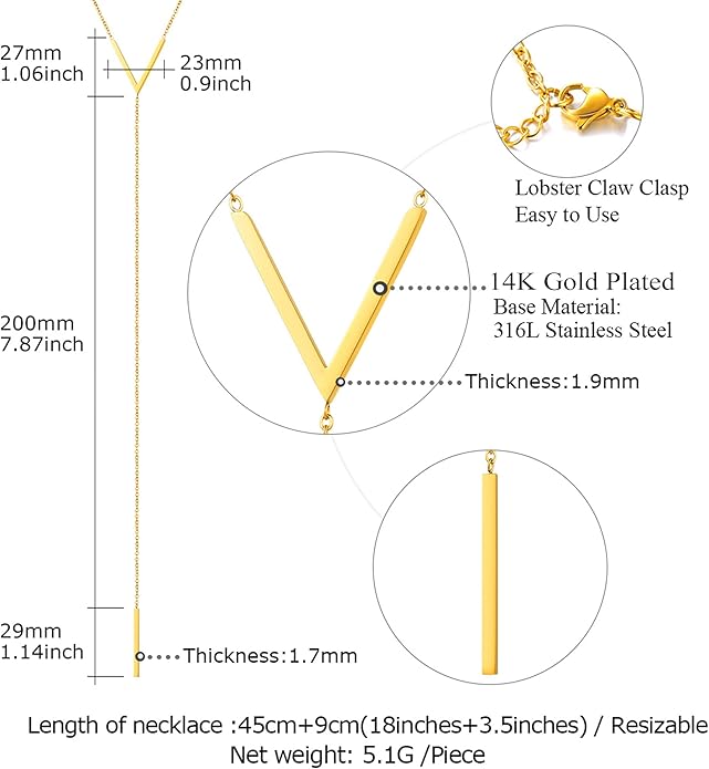 FOCALOOK Long Necklaces for Women 14K Gold Plated Dainty Drop Bar Pendant Lariat Y-Shaped Necklace Earring Set 28inch/73cm