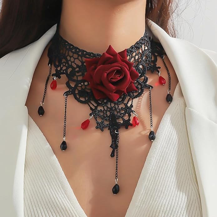 Black Lace Choker Necklace for Women Gothic Crystal Necklace Goth Collar Choker Necklaces Vintage Victorian Necklaces Halloween Costume Accessories