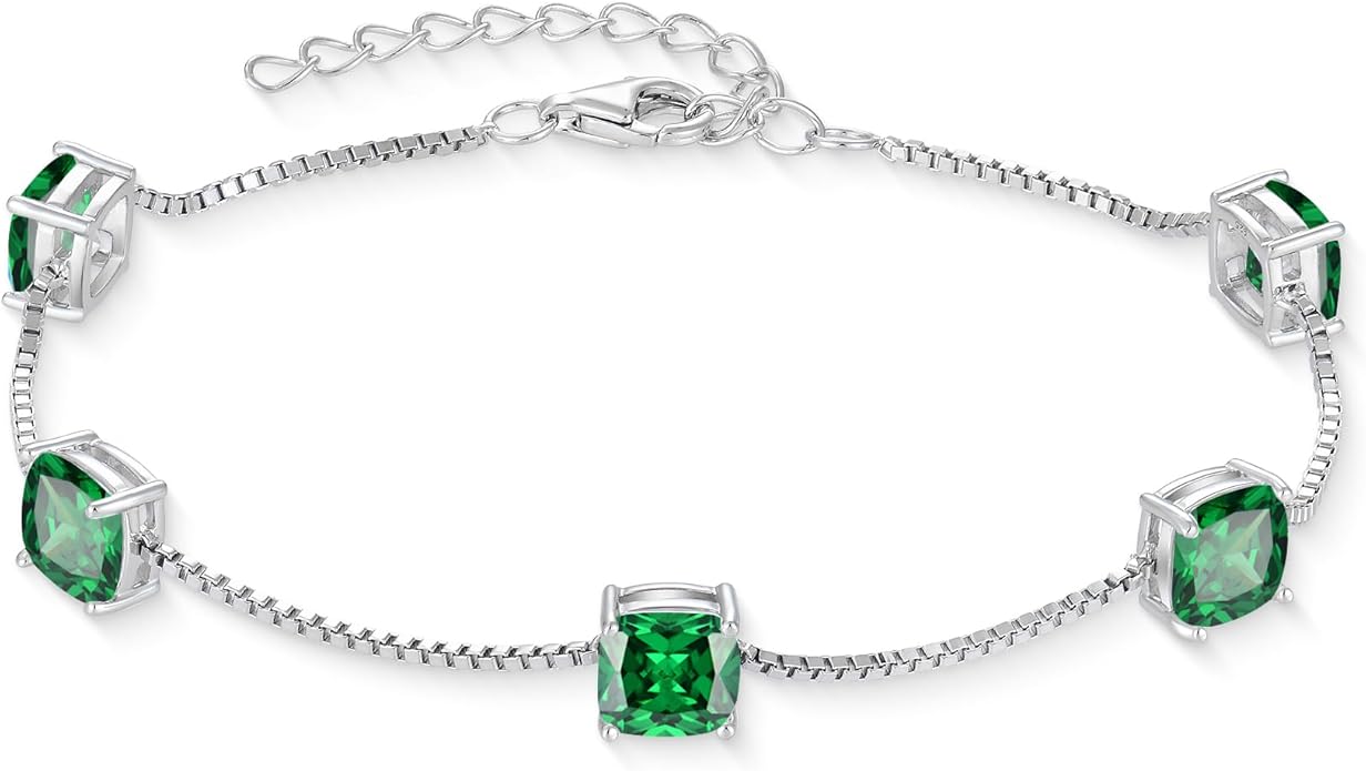 Birthstone Bracelet for Women 925 Sterling Silver Dainty Princess Cut Link Bracelet Jewelry Gifts for Her