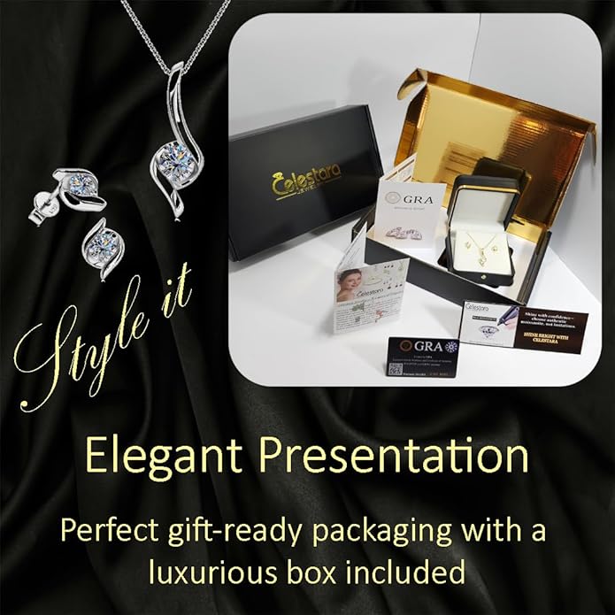 Exquisite Moissanite & 925 Sterling Silver Jewelry Set: Trendy European Design with Pendant (1 Carat, 1/4-inch, 6.5mm) and Earrings (Each: 0.5 Carat, 3/16-inch, 5mm) – Elegant Leather Gift Box Included