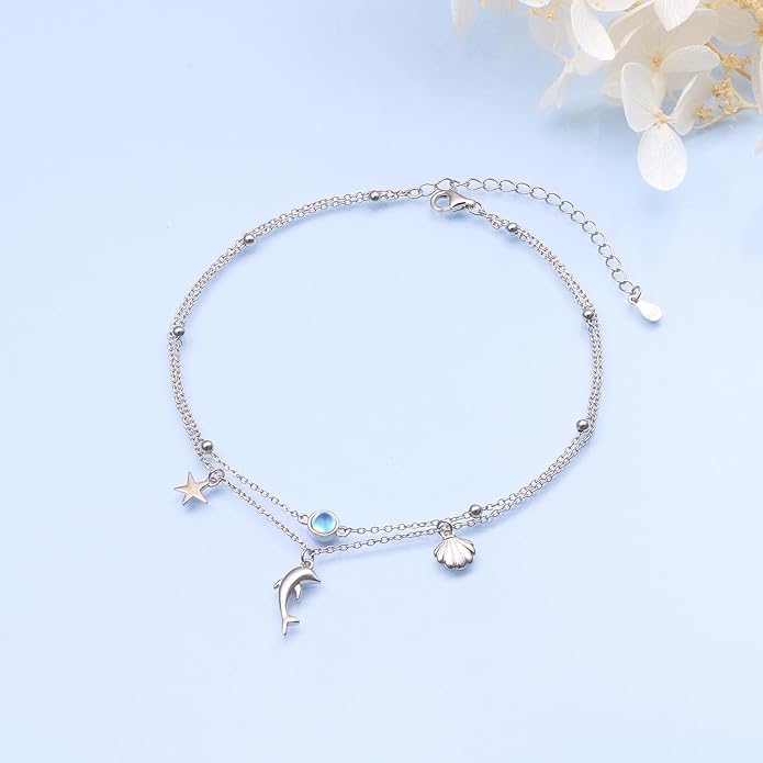 FLYOW Anklet for Women S925 Sterling Silver Adjustable Foot Beaded Heart Charm Ankle Bracelet Anklets Jewelry
