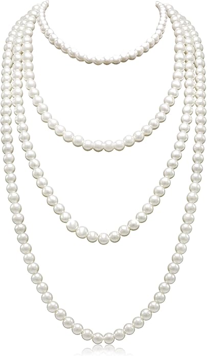 Long Pearl Necklaces for Women Cream White Faux Pearl Strand Layered Necklace Costume Jewelry