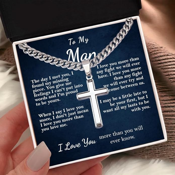 SUTERY Cross Cuban Chain Necklace - Promise Necklace for Him, Necklace for Boyfriend, Mens Necklace for Fiance, Valentine's Day
