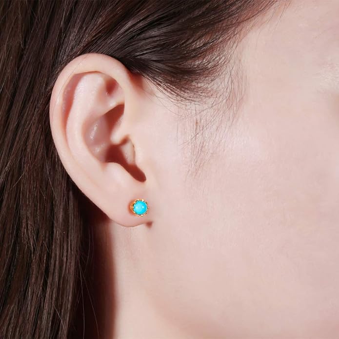 FANCIME 14K Real Solid Yellow Gold Genuine Gemstone Earrings Small Natural Turquoise Birthstone Earrings Hypoallergenic Bezel Setting Fine Jewelry for Women