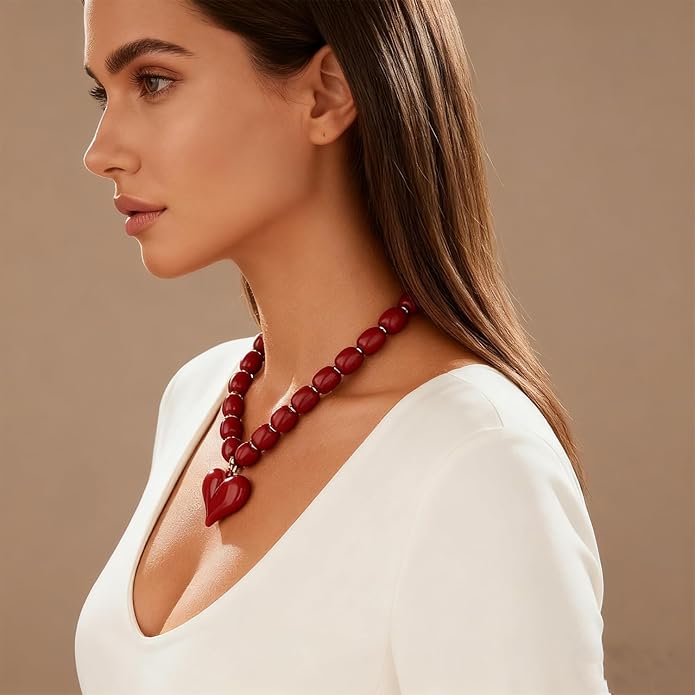 YUJIE Chunky Heart Penadnt Necklace for Women- Exaggerated Statement Puff Heart Necklace with Acrylic Beaded Chain