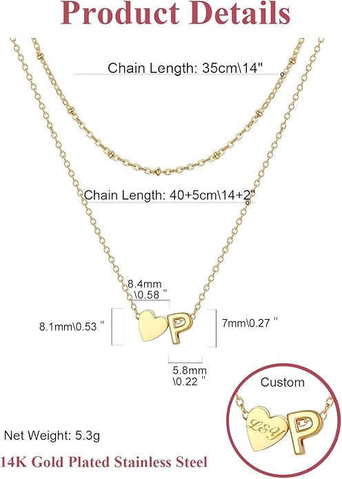 FOCALOOK Layered Initial Necklace for Women, 14K Gold Plated Choker Necklaces Stacks with Initial A-Z, Dainty Silver Heart Pendant Necklace Personalized Birthday Women Jewelry