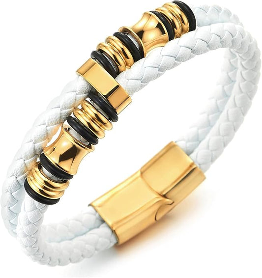 COOLSTEELANDBEYOND Mens Double-Row Braided Leather Bracelet Bangle Wristband with Stainless Steel Ornaments