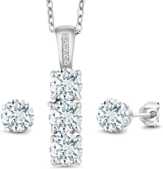 Gem Stone King 925 Sterling Silver 5MM Gemstone Birthstone and White Diamond 3-Stone Pendant and Earrings Jewelry Set For Women | With 18 Inch Chain