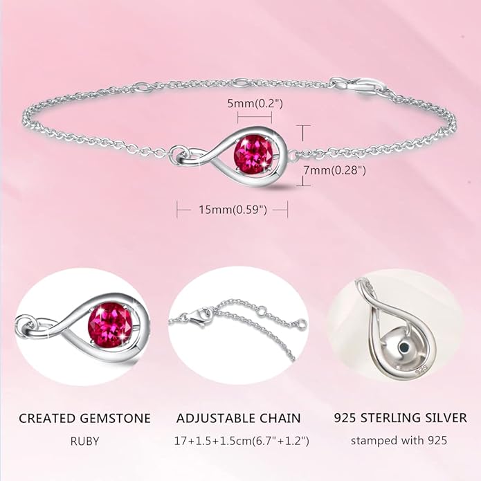 FANCIME Love Bracelet 925 Sterling Silver Infinity Birthstone Bracelets for Women Fine Jewelry Birthday Christmas Gifts for Her Mom Wife, Chain Length 6.7"+1.2" Extend