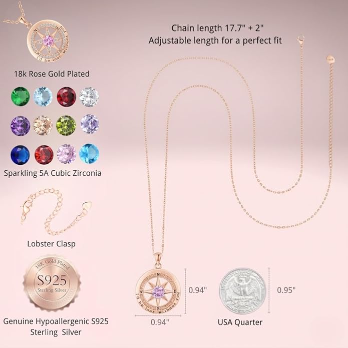 Compass Necklace for Women Wife Girlfriend Mom Daughter Gifts S925 Silver Jewelry For Anniversary Rose Gold Gifts For Birthday Christmas Mothers Valentines Day 12 Birthstones