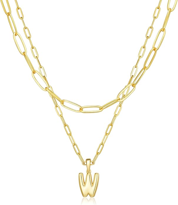 adoyi Gold Necklace for Women Layered Bubble Heart Letter Initial Necklaces for Women Trendy Jewelry 14K Gold Plated Chain Chunky Name Necklace Stack Charm A-Z Pendant Set Jewelry Gifts