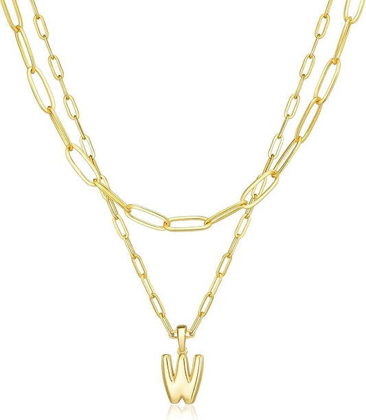 adoyi Gold Necklace for Women Layered Bubble Heart Letter Initial Necklaces for Women Trendy Jewelry 14K Gold Plated Chain Chunky Name Necklace Stack Charm A-Z Pendant Set Jewelry Gifts