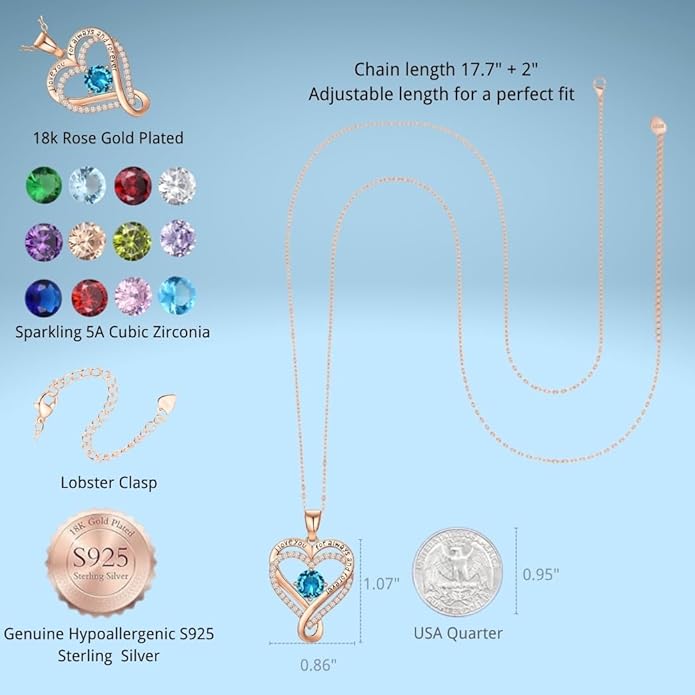 Birthstone Infinity Heart Necklace for Women Wife Girlfriend Mom Daughter Gifts S925 Silver Jewelry For Anniversary Rose Gold Gifts For Birthday Christmas Mothers Valentines Day