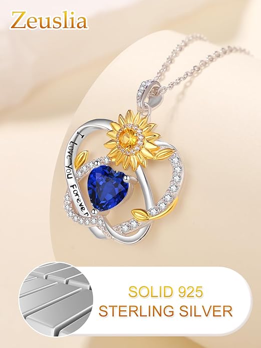 Zeuslia Double Birthstone Necklace Gifts for Wife - 925 Sterling Silver Sunflower/Rose/Crown Cross/Compass/Heart Pendant I Love You Necklace, Anniversary Birthday Gifts for Wife Girlfriend Mom Her
